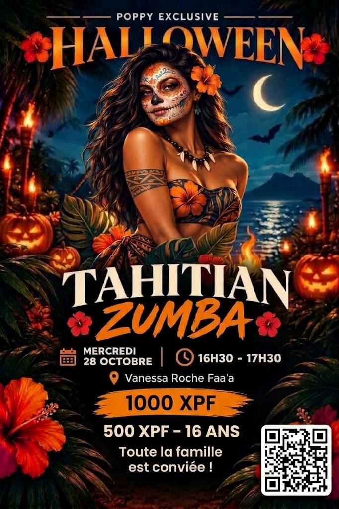 Affiche de la soirée : Tahitian Zumba spécial Halloween, mercredi 28 octobre, Vanessa Roche Faa'a. Toute la famille est conviée.